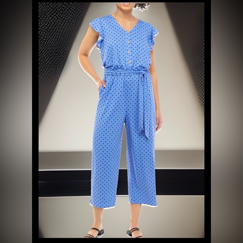 NWT AGB Women's Flutter Sleeve Dot Jumpsuit-Pat K-Blue/Black-S